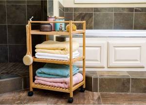 lot 10336 image: BAMBOO LAND Bamboo 3-Tier Rolling Utility Cart, Bamboo Kitchen Cart, Bamboo Bathroom Trolley, Portable Bathroom Rolling Organizer with Wheels, Trolley Organizer Cart, Easy Assemble