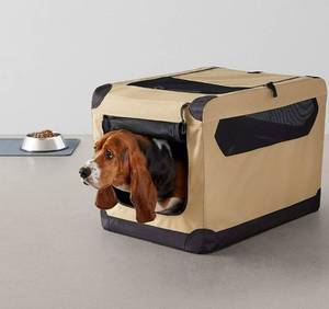 lot 10361 image: Amazon Basics 3-Door Collapsible Soft-Sided Folding Soft Dog Travel Crate Kennel, Medium (21 x 21 x 30 Inches), Tan