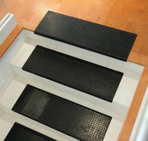 lot 10363 image: Rubber-Cal Diamond-Plate Non-Slip Rubber Tread Stair Mats (6 Pack), Black