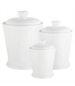 lot 10370 image: American Atelier Bianca Dots Canister Set 3-Piece Ceramic Jars in 20oz, 50oz & 86oz Classic Beaded Design wAirtight Lids for Cookies, Candy, Coffee, Flour, Sugar, Rice, Pasta, Cereal & More, White