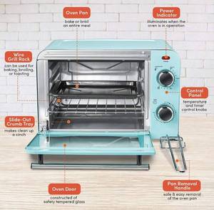 lot 10371 image: Elite Gourmet ETO1200BL Vintage Diner 50��s Retro Countertop Toaster Oven with Temperature Control & Adjustable 60-Minute Timer, 1300W, Bake, Broil, Toast, 4 slices, 9 Pizza, Blue