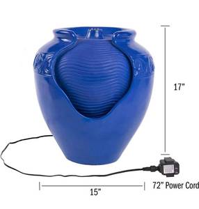 lot 10376 image: Pure Garden 50-LG1184 Jar Fountain �� Indoor or Outdoor Ceramic-Look Glazed Pot Resin Water Feature with Electric Pump and LED Lights (Cobalt Blue)