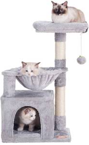 lot 10410 image: Cat Tree Cat Tower Condo with Sisal-Covered Scratching Posts and Basket for Kitten Light Gray