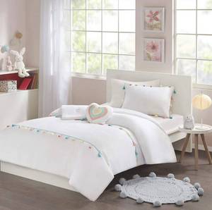 lot 10429 image: Mi Zone Kids Tessa Cozy Comforter Set, Colorful Fun Design All Season Children Bedding Girls Bedroom D�cor, FullQueen, White with Colorful Tassel 4 Piece