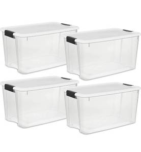 lot 10438 image: Retail $89 - Sterilite 19889804 70 Quart66 Liter Ultra Box Clear with a White Lid and Black Latches, 4-Containers
