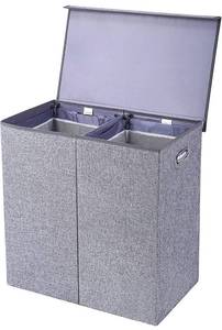 lot 10452 image: SUPERJARE Double Laundry Hamper with 2 Removable Liner Bags, 150 L Large Laundry Basket with Magnetic Lid, Collapsible Clothes Hamper with Easy Carry Built-in Handles, 2 Section, Linen Gray