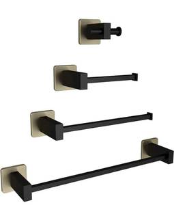 lot 10473 image: TAPMEE 4-Pieces Bathroom Hardware Set Matte Black and Brushed Gold Towel Bar ,Hand Towel Rack ,Toilet Paper Holder ,Towel Hook,Stainless Steel Wall Mounted Bathroom Hardware Accessories Set