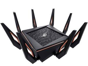 lot 39829 image: $$ ASUS ROG Rapture WiFi 6 Gaming Router (GT-AX11000) - Tri-Band 10 Gigabit Wireless Router, 1.8GHz Quad-Core CPU, WTFast, 2.5G Port, AiMesh Compatible, Included Lifetime Internet Security, AURA RGB, Retail $328