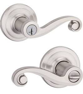 lot 59966 image: Kwikset 97402-730 Lido Entry Door Lever Featuring Smartkey Re-Key Security, Satin Nickel