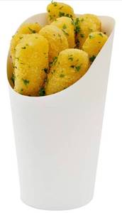 lot 60010 image: Bio Tek 16 Ounce French Fry Containers, 100 Disposable Charcuterie Cups - Incline Design, Round, White Paper French Fry Cups, Stackable, For Waffles, Chips, or Popcorn - Restaurantware