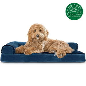 lot 61532 image: FurHaven Pet Products  Deluxe Memory Foam Chaise Plush & Velvet L-Shaped Lounge Sofa Pet Bed for Dogs & Cats Deep Sapphire Large 36�26