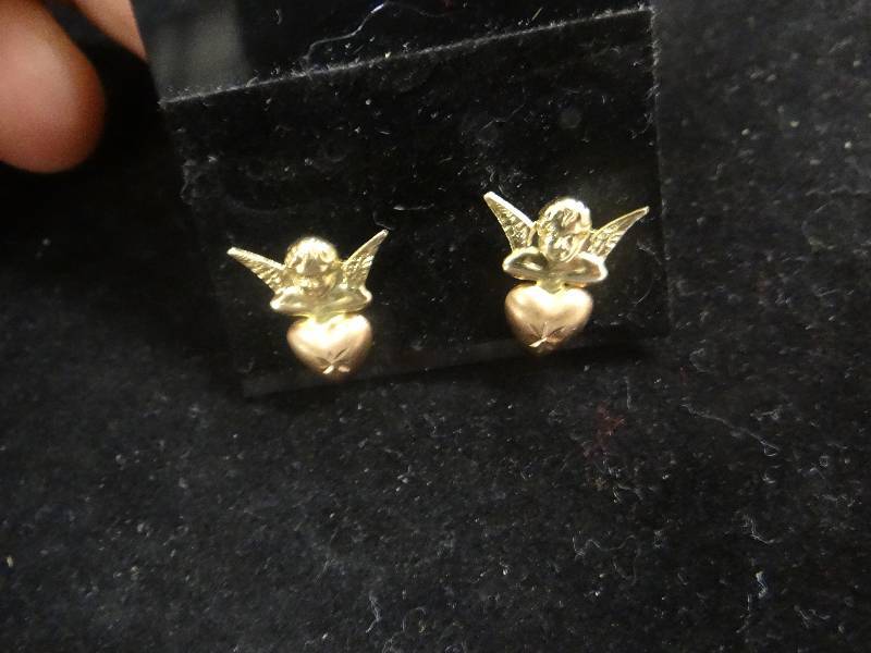 lot 1154 image: 14K gold cherubheart earrings in gift bag.