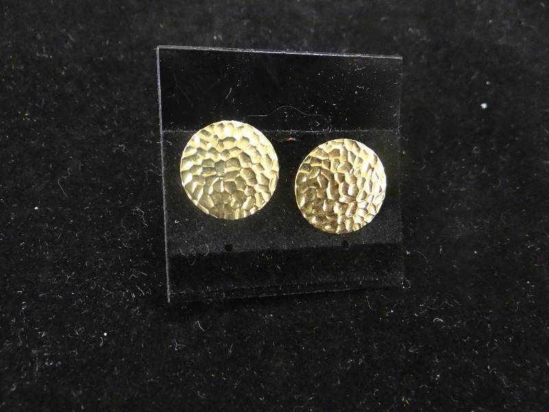 lot 1155 image: 14K gold hammered medallion earrings.