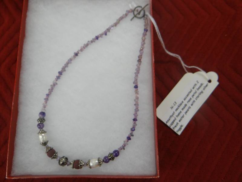 lot 1158 image: Amethyst, pearl, & sterling silver necklace.