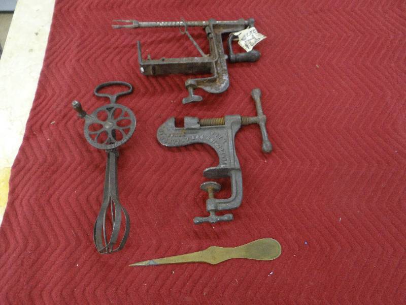 lot 1194 image: 3 Antique kitchen tools  hand mixer, nut cracker, apple peelerslicer, & a brass letter opener from u.s. patent office - Washington DC.