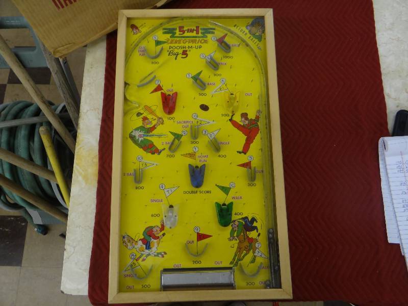 lot 1200 image: 1950s Electric 5in1 Poosh-M-Up pinball game. In great condition for age, in original box.