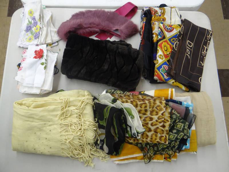 lot 1219 image: Lot of designer scarves, collars, wraps, & vintage hand kerchiefs.