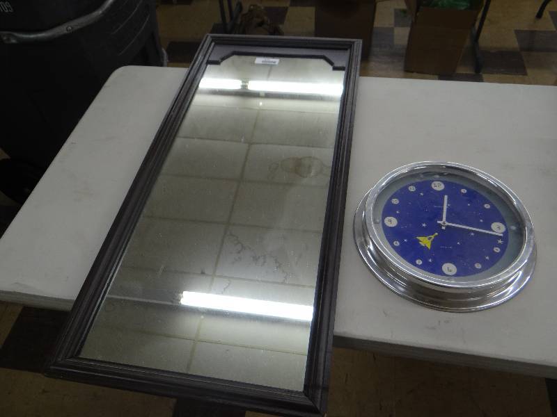 lot 1224 image: Tall framed mirror & baskerville clock.