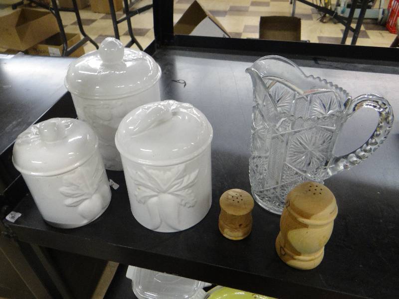 lot 1230 image: Canister set, pressed glass pitcher, wood shaker set.