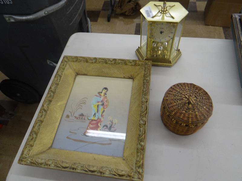 lot 1232 image: Lidded basket, anniversary clock, framed Asian water color painting.