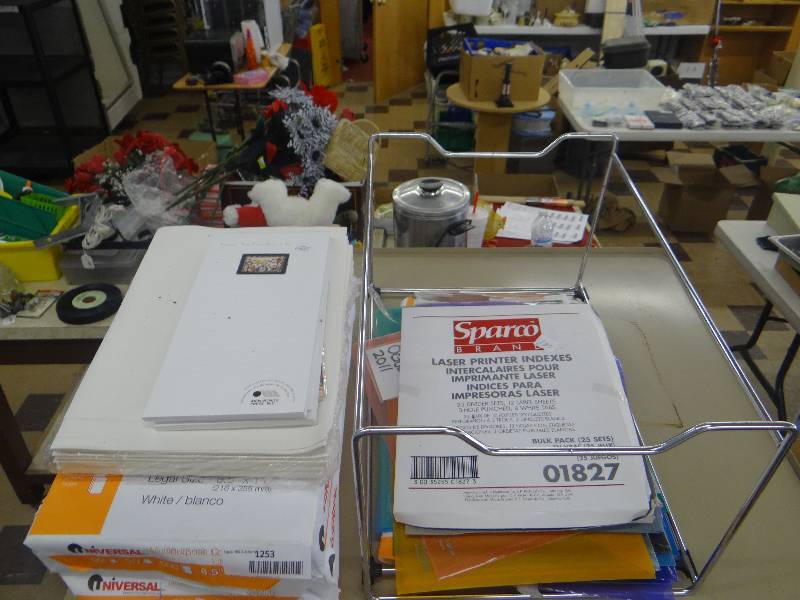 lot 1253 image: Large lot of copy paper, pads, printable dividers, & colored file packets. metal file frame.