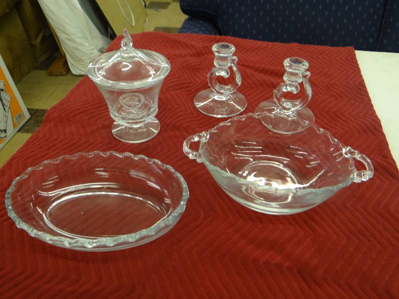 lot 1260 image: Lot of crystal - 2 serving bowls, lidded candy jar, pair candle sticks.