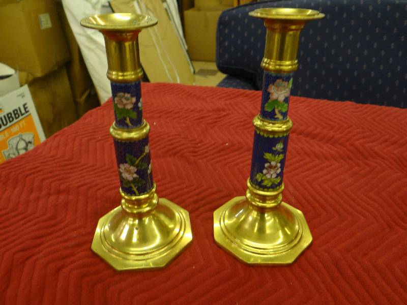 lot 1262 image: Pair of enameled brass candle sticks.