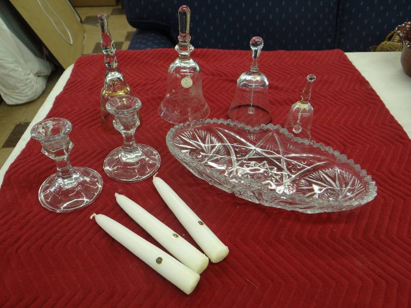 lot 1266 image: Pressed glass bowl, 4 glass bells, pr. candle sticks, 3 taper candles.