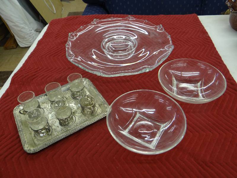 lot 1270 image: Large glass cake plate, 2 bowls, demi - tasse set wtray.