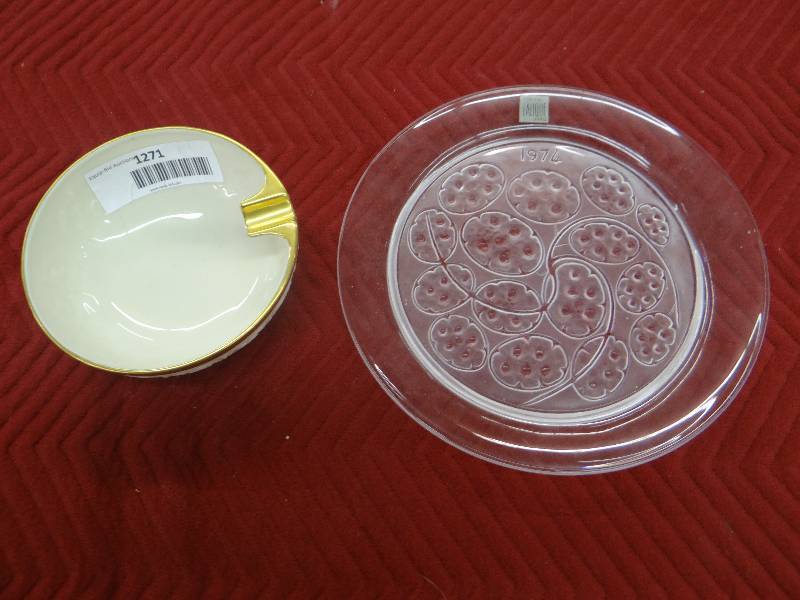 lot 1271 image: Gold rim lenox ashtray & crystal lalique Paris 1974 plate.