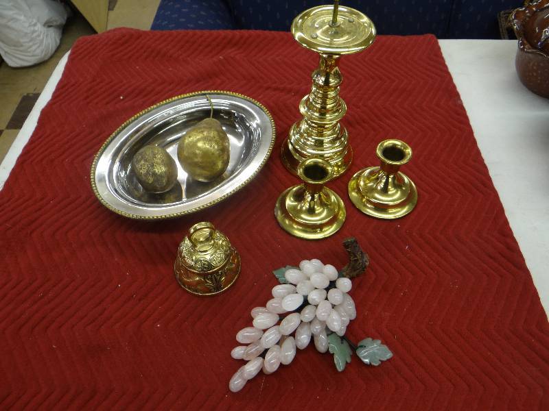 lot 1282 image: Brass trimmed stainless steal bowl wdecor fruit & bell 3 brass candle holders.