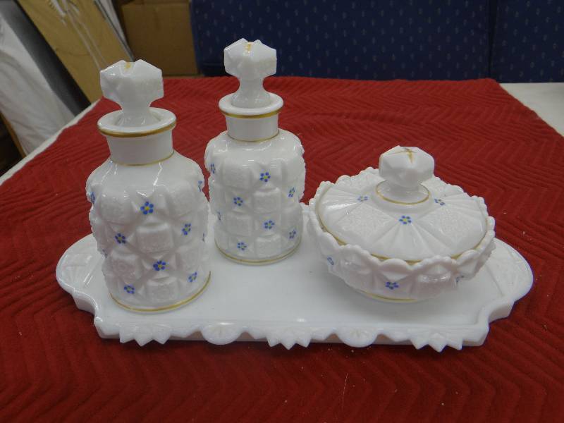 lot 1287 image: Vintage 7 pc westmorland glass - milk glass dresser set.