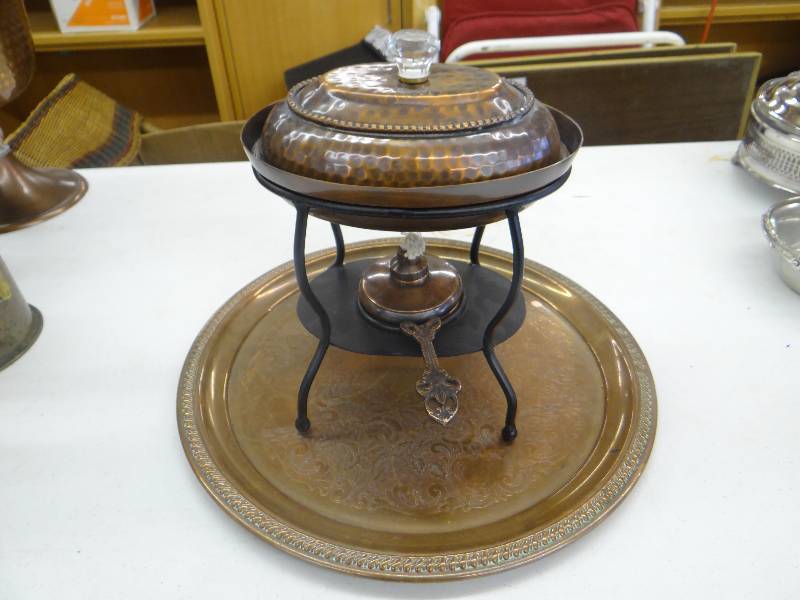 lot 1294 image: Copper & iron server wwarmer on round copper tray.