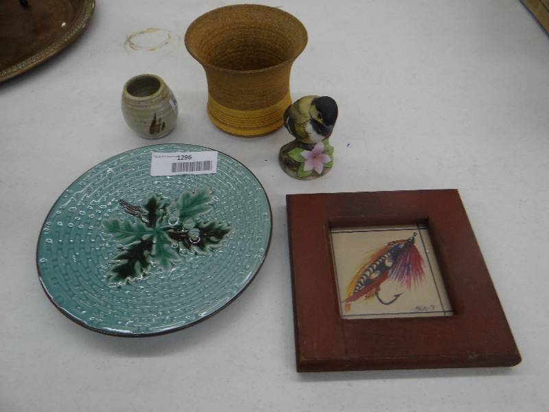 lot 1296 image: Decor plate, pottery planter & tooth pick holder chickadee figurine & fly fishing print in wood frame.