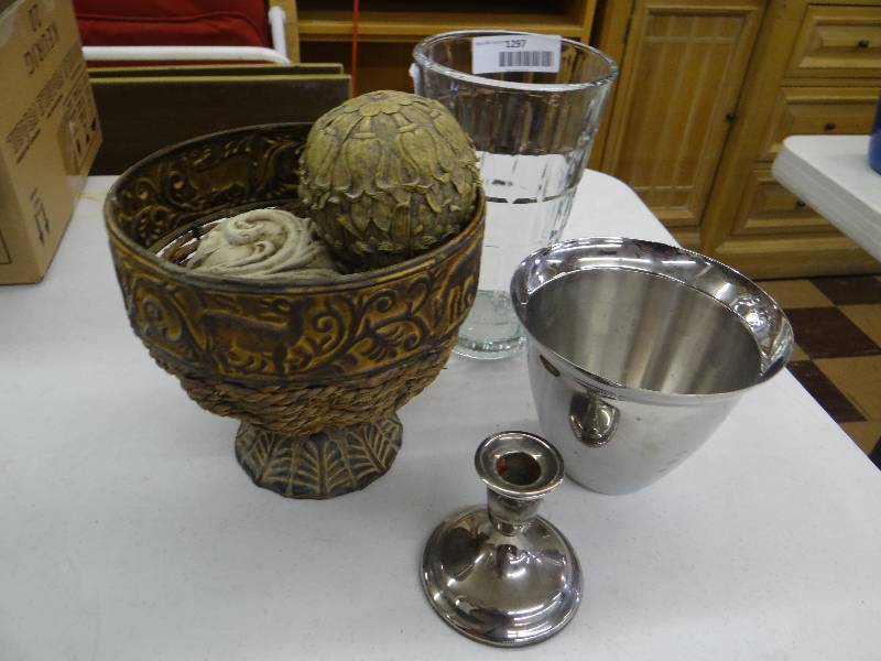 lot 1297 image: Rustic pedestal bowl wdecor balls, stainless steel ice bucket silver plate candle stick, large vase.