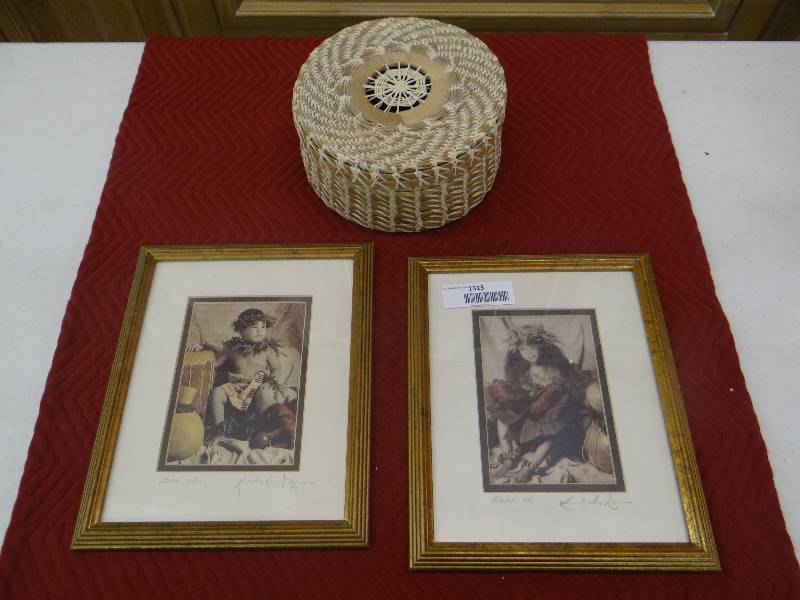 lot 1313 image: Round lidded basket & pair of signed Hawaiian prints.