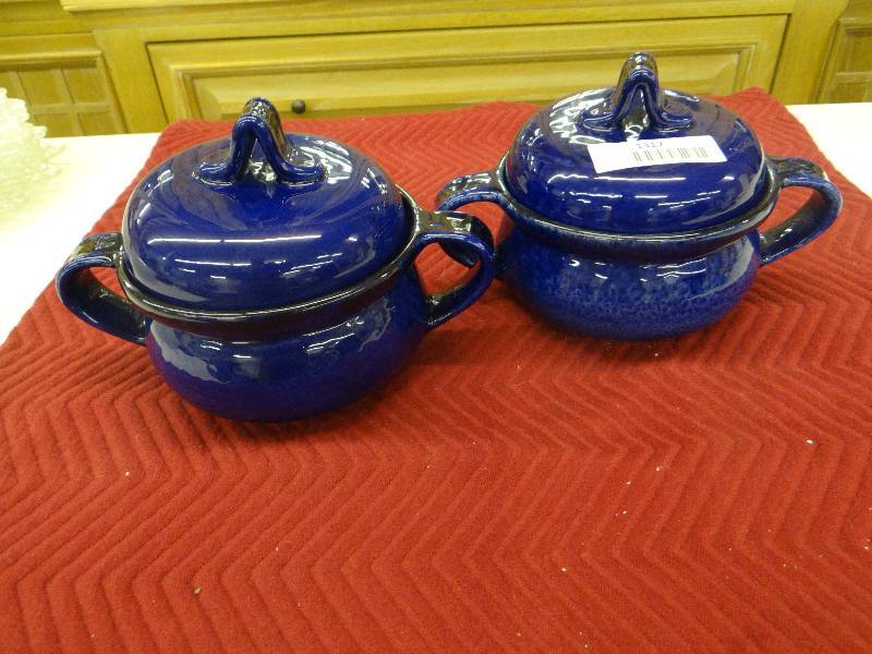 lot 1317 image: Lot of 2 cobalt blue lidded soup crocks by saparna.