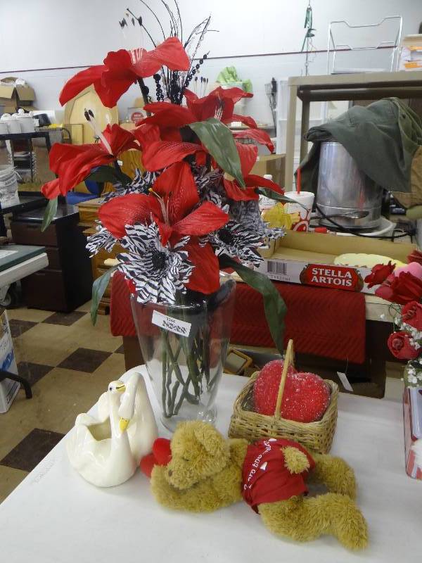 lot 1344 image: Valentines decor swans ceramic container, stuffed bear, basket wheart, floral arrangement.