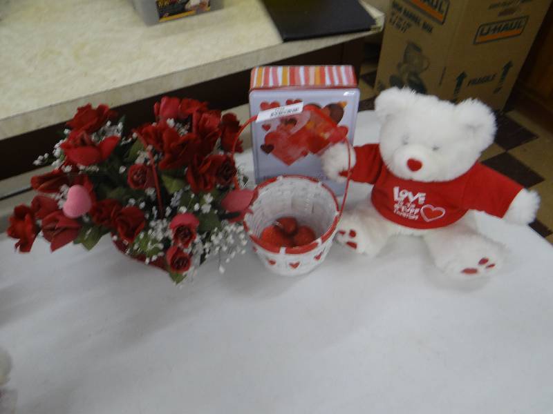 lot 1348 image: Heart basket wroses, valentines gift tin, love bear, planter basket wglitter hearts.
