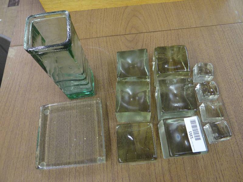 lot 1351 image: Lot of 12 pcs clear glass candle standsblocks & square vase.
