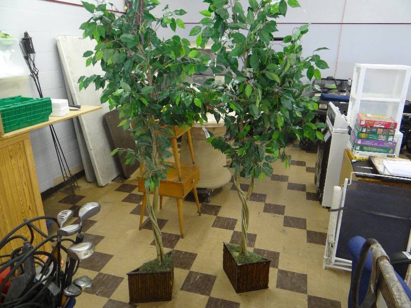lot 1360 image: Set of 2 matching faux ficus trees in triangle planters.