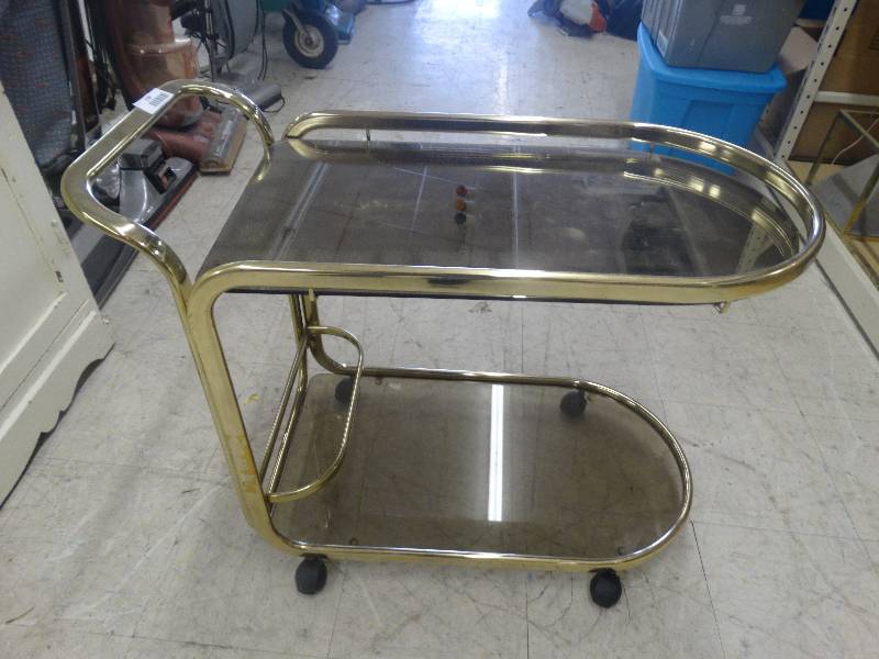 lot 1780 image: Metal cart wmirror & glass tops.