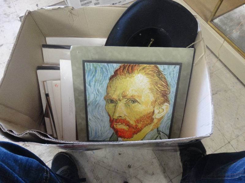 lot 1846 image: Box of prints & cowboy hat.