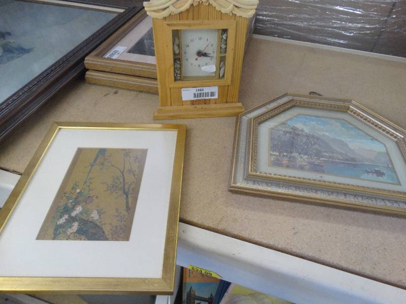lot 1866 image: Small wooden clock & 2 pictures.