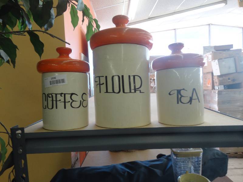 lot 1936 image: Coffee, flour, tea, glass storage containers.