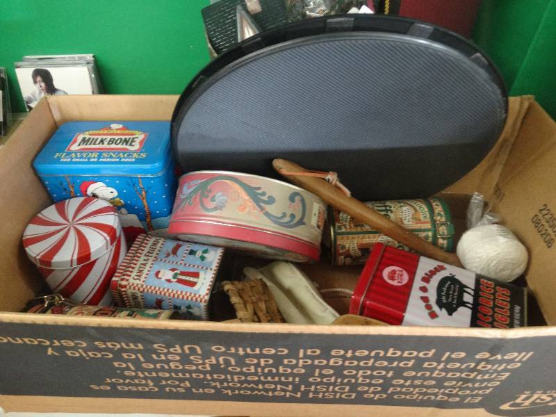 lot 1954 image: Box of tins & misc & Christmas decor.