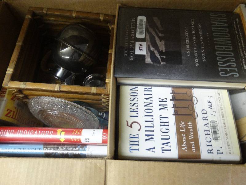 lot 1998 image: Box of books & declarative items.