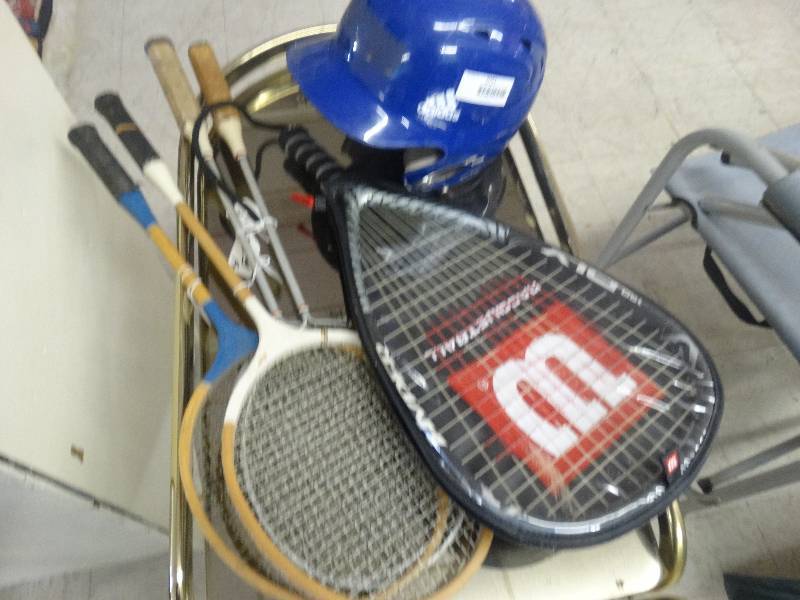 lot 2021 image: Tennis rackets & baseball helmet.