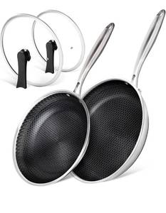 lot 3168 image: MICHELANGELO Stainless Steel Frying Pan Set with Lids, 9.5 & 11 Inch Frying Pans Nonstick, Stainless Steel Fry Pan Set, Honeycomb Pans for Cooking, Skillet with Lid - Induction Compatible