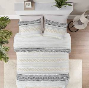 lot 3170 image: Boho Bedding Comforter Sets, Ivory FullQueen Farmhouse Bedding Set ,Cotton Top with Modern Neutral Style Clipped Jacquard Stripes, 3-Pieces Including Matching Pillow Shams (90x90 Inches)